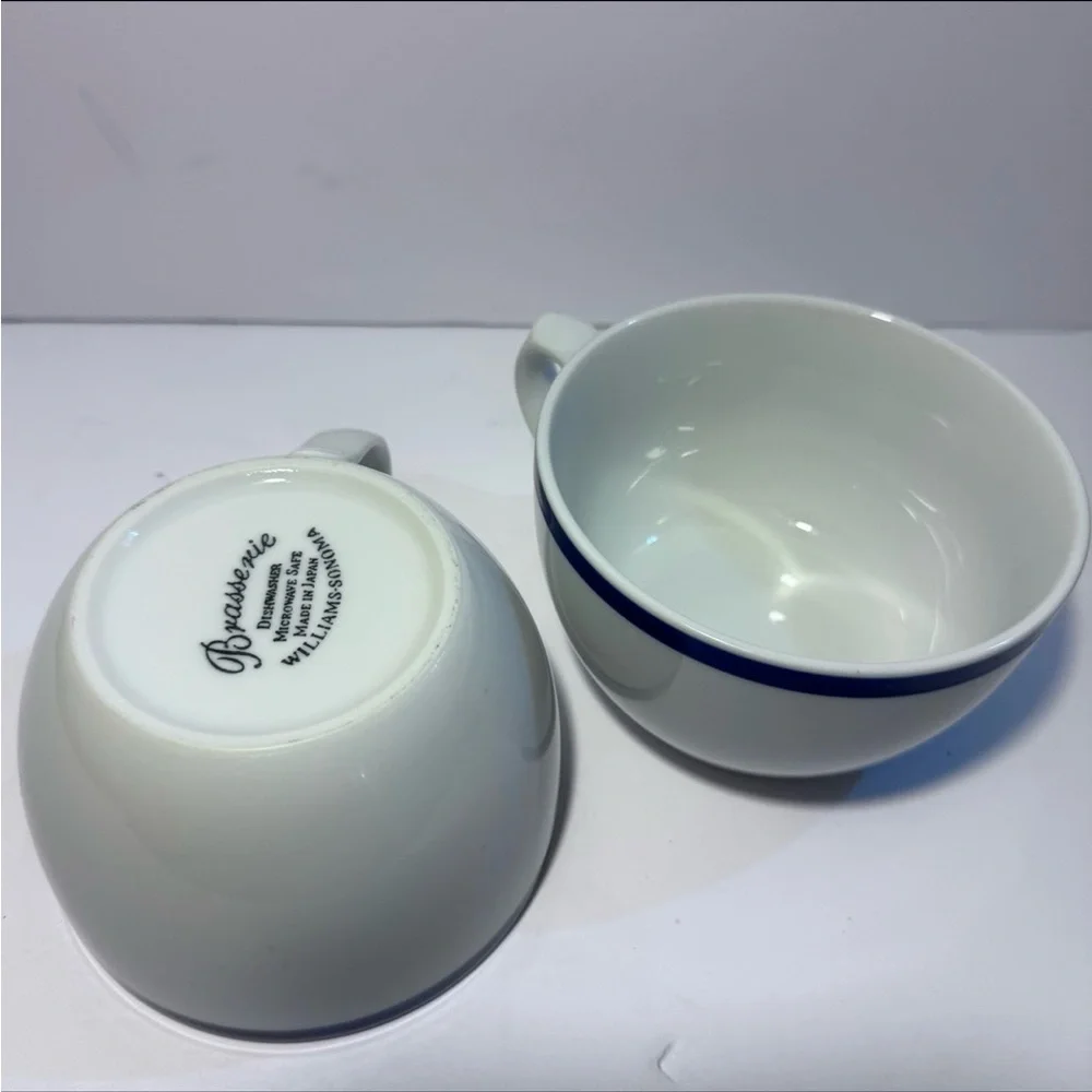 Set of 2 | White Ceramic Williams Sonoma Brasserie Blue Flat Mugs Tea Cups - Picture 9 of 12